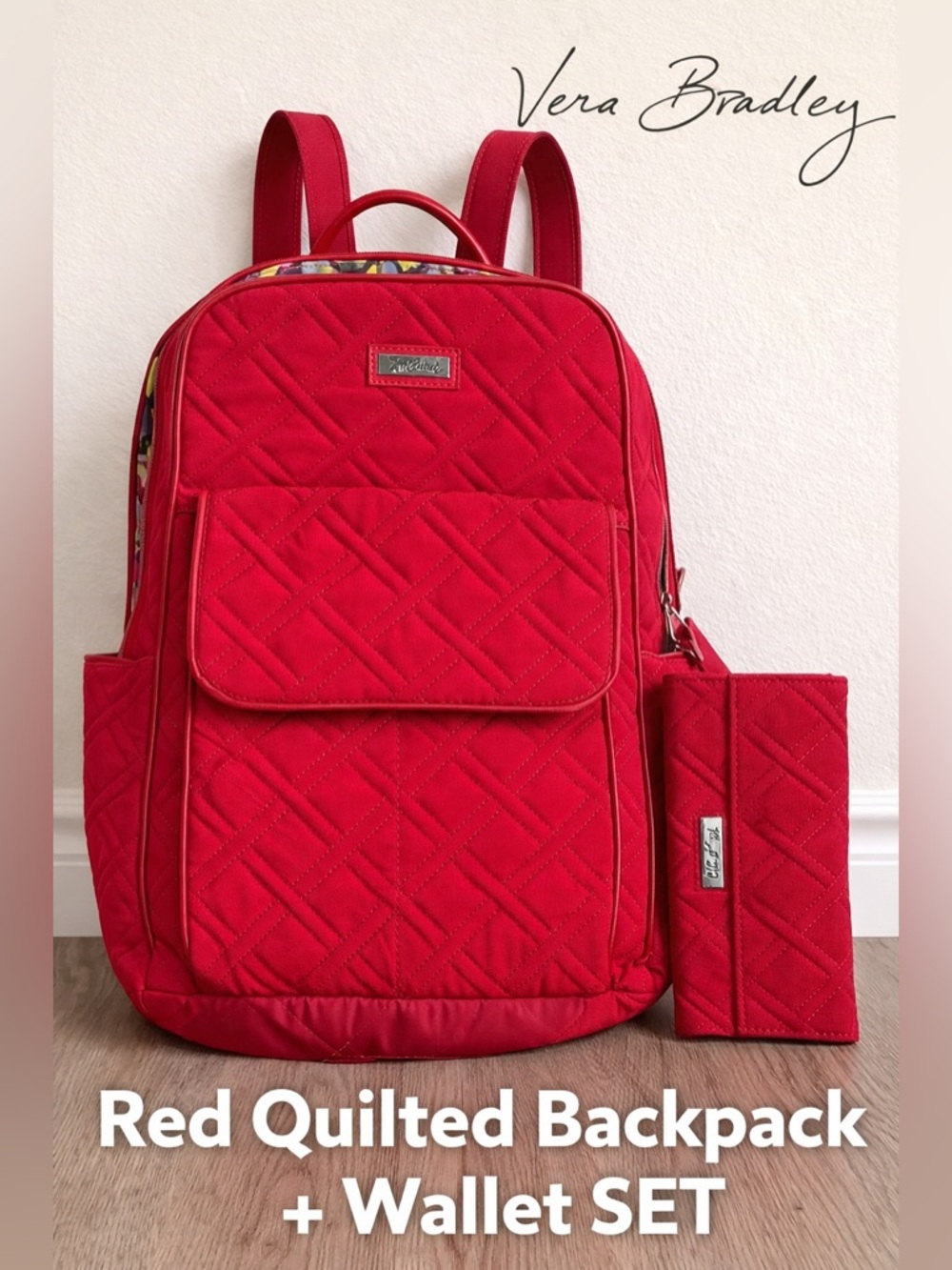 Vera Bradley Red Classic Quilted Backpack with Matching Wallet
